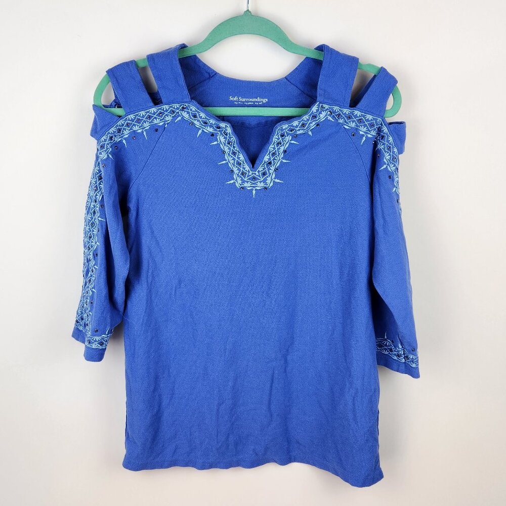 Soft Surroundings Cold Shoulder Embroidered 3/4 Sleeve Blouse Top sz S